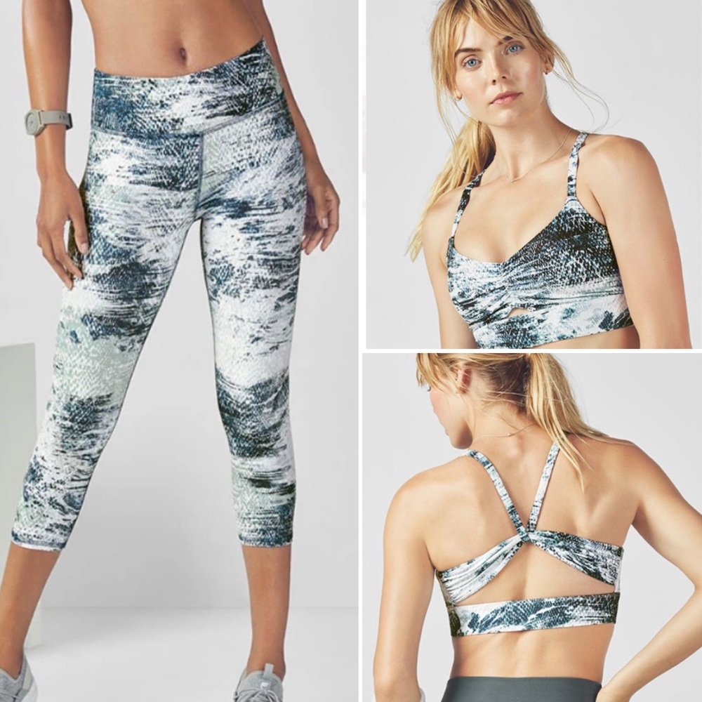 Fabletics Define Mid-rise PowerHold Capri and Kenzie Sports Bra Fossil Print